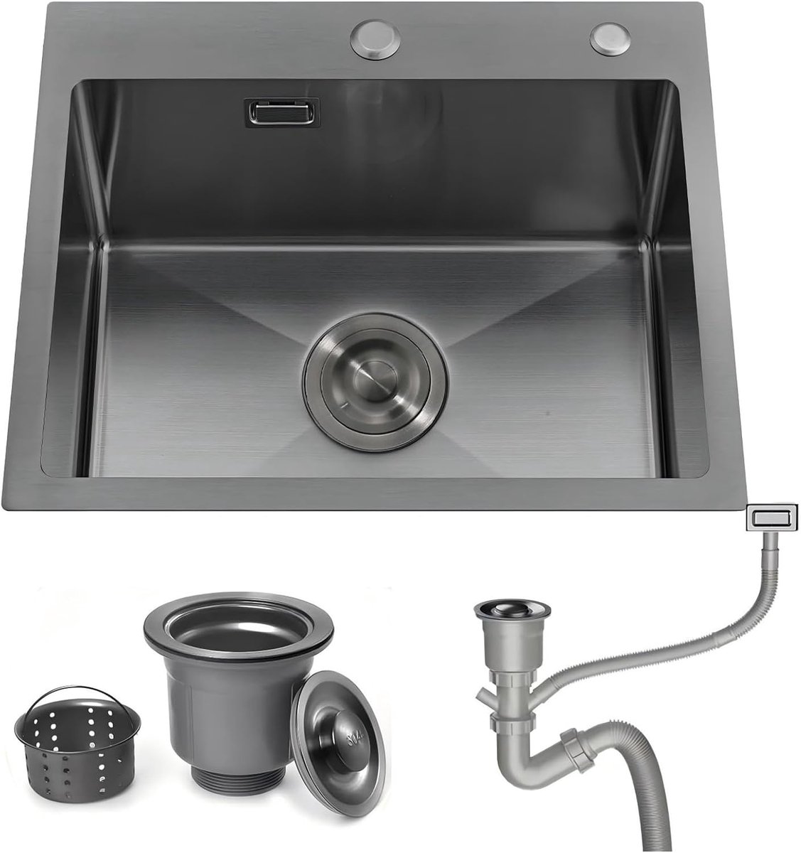 gootsteen, 50 x 45 cm, drop-in topmount, roestvrijstalen kleine caravangootsteen, diepe buitenkom met 2 kraangaten en sifon, voor kleine keuken, bar, restaurant