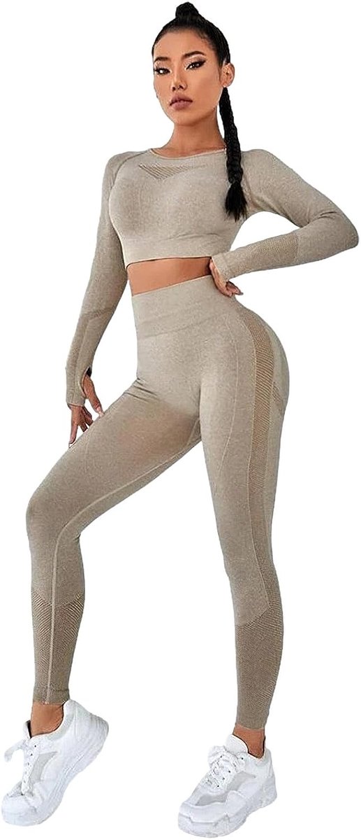 Yogakledingset voor dames, rekbaar, met lange mouwen, crop top + leggings, trainingspak, gym-outfits