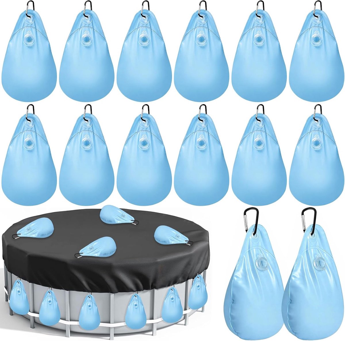 Zwembadafdekking, gewichten, waterzak, 12 stuks zwembadwaterzakken met haken, winterzwembad, afdekzeil, verzwaringszak, zwembadwaterzak, zwembadwandtassen
