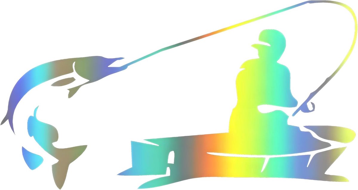 Vissticker, waterdichte pvc-sticker voor auto, laptop, koelkast, meubels, visserdesign, regenboogeffect (22 cm)