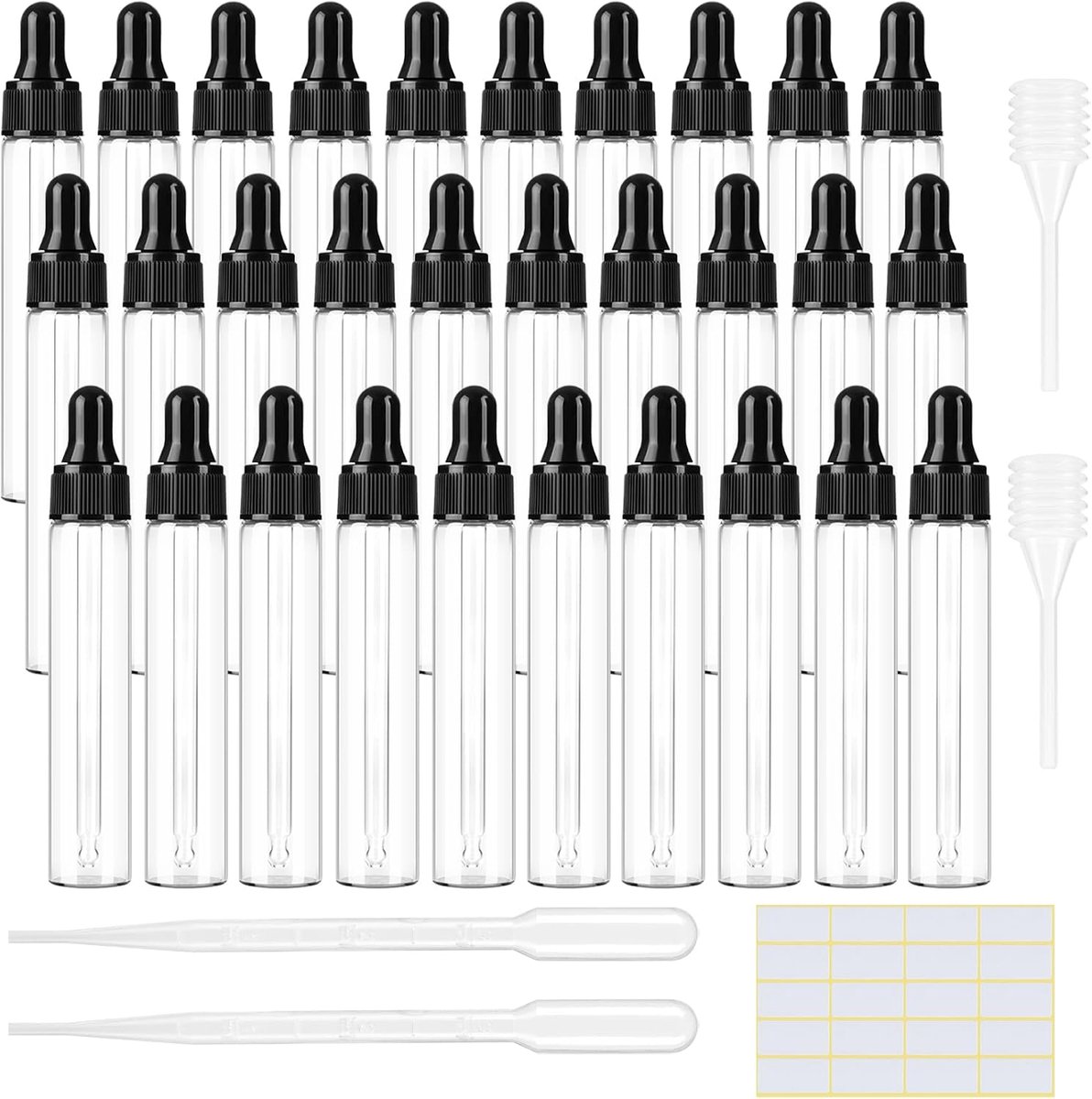 30 stuks pipetflesjes 10 ml, mini-druppelfles, apothekerfles, transparante glazen fles, lege navulbare kleine flesjes voor etherische olie, parfumolie, aromatherapie, massage