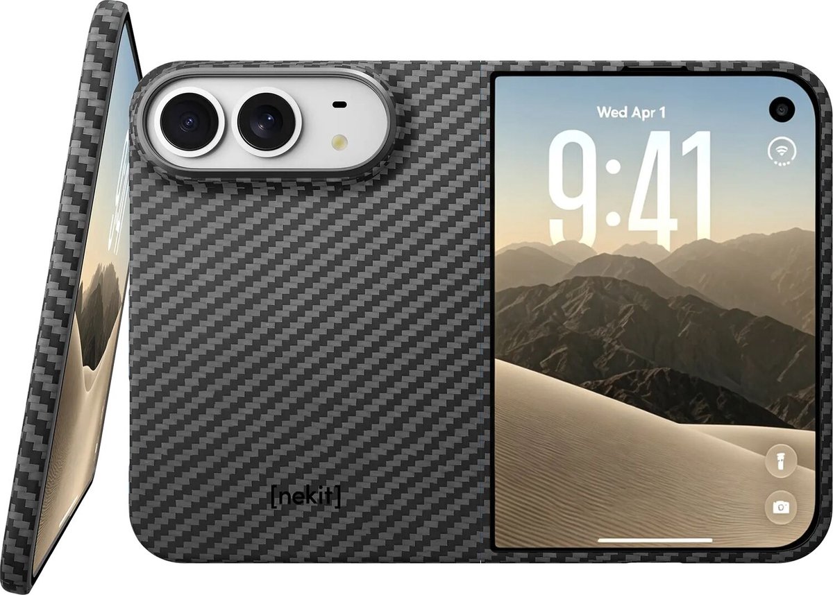 NEKIT Fiber Hoesje Geschikt voor Apple iPhone Duo - Compatibel met MagSafe en Qi2 - High-Tech Kevlar - Back Cover Ultra Dun - Grijs/Zwart