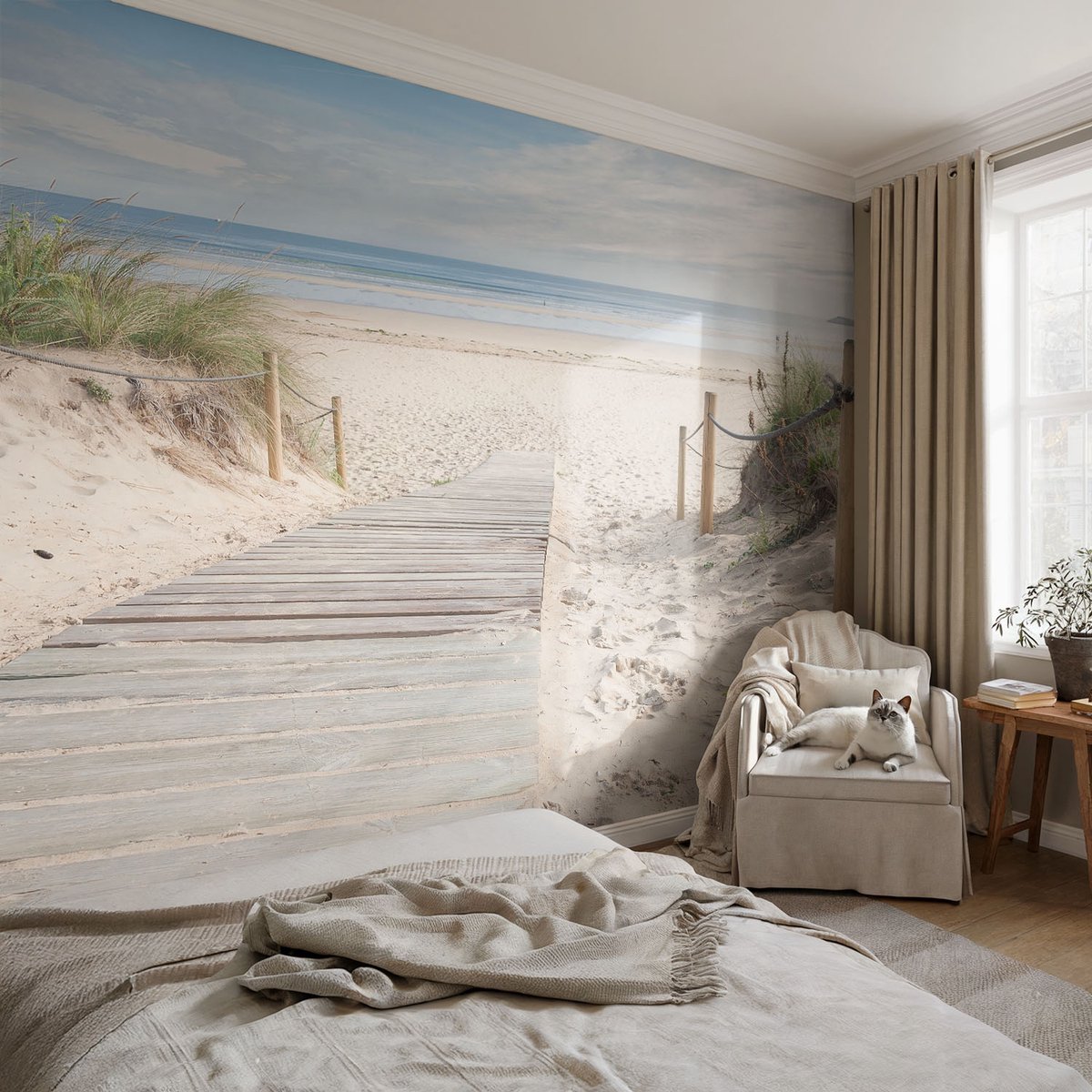 Coloray Vliesbehang - Wit Snellijm Behang - 152x104 cm - Houten Loopbrug Muurschildering - Gang behang Landschappen - Fotobehang Vlies - Slaapkamer behang