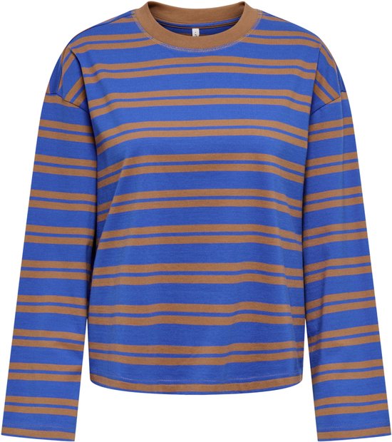 Blauw shirt met bruine strepen, lange mouwen en ronde hals.