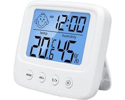 1 stuk - Temperatuur- en vochtigheidsmeter - Digitale hygrometer voor binnen - Blauwe achtergrondverlichting - Klok en indicator voor comfortniveau - Geschikt voor tafel of wandmontage - Wit