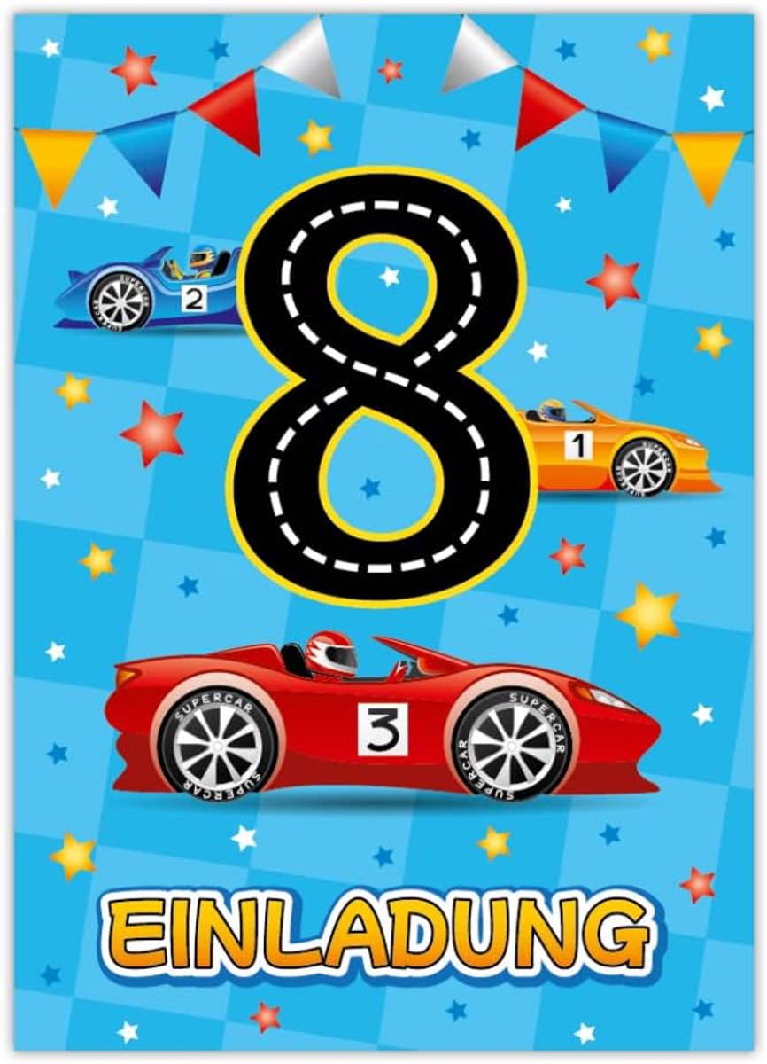 12 uitnodigingskaarten voor de 8e kinderverjaardag acht verjaardag jongen raceauto verjaardagsuitnodigingen