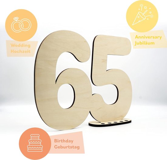 Gastenboek hout decoratief bord getal 65 - om zelf te beschrijven als cadeau met standaard en verjaardagskaarsenhouder - voor decoratie van 65e verjaardag, 65 jaar, jubileum of bruiloft — afbeelding 4