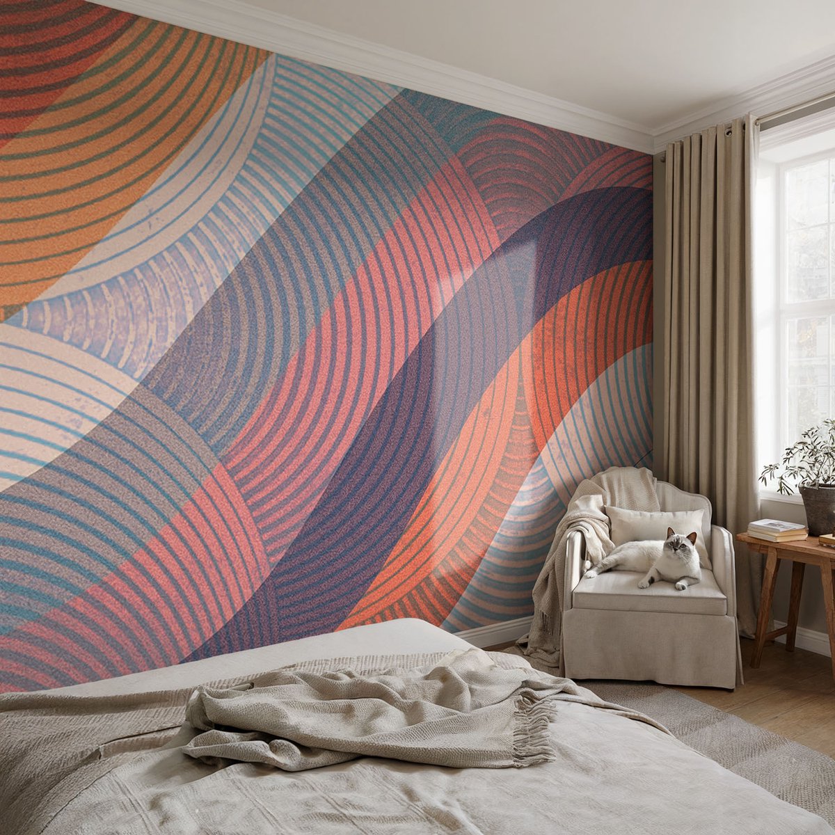 Coloray Vliesbehang - Oranje Snellijm Behang - 104x70 cm - Kleurrijke Golven Fotobehang Vlies - Hal behang Abstractie - Muurschildering - Woonkamer behang