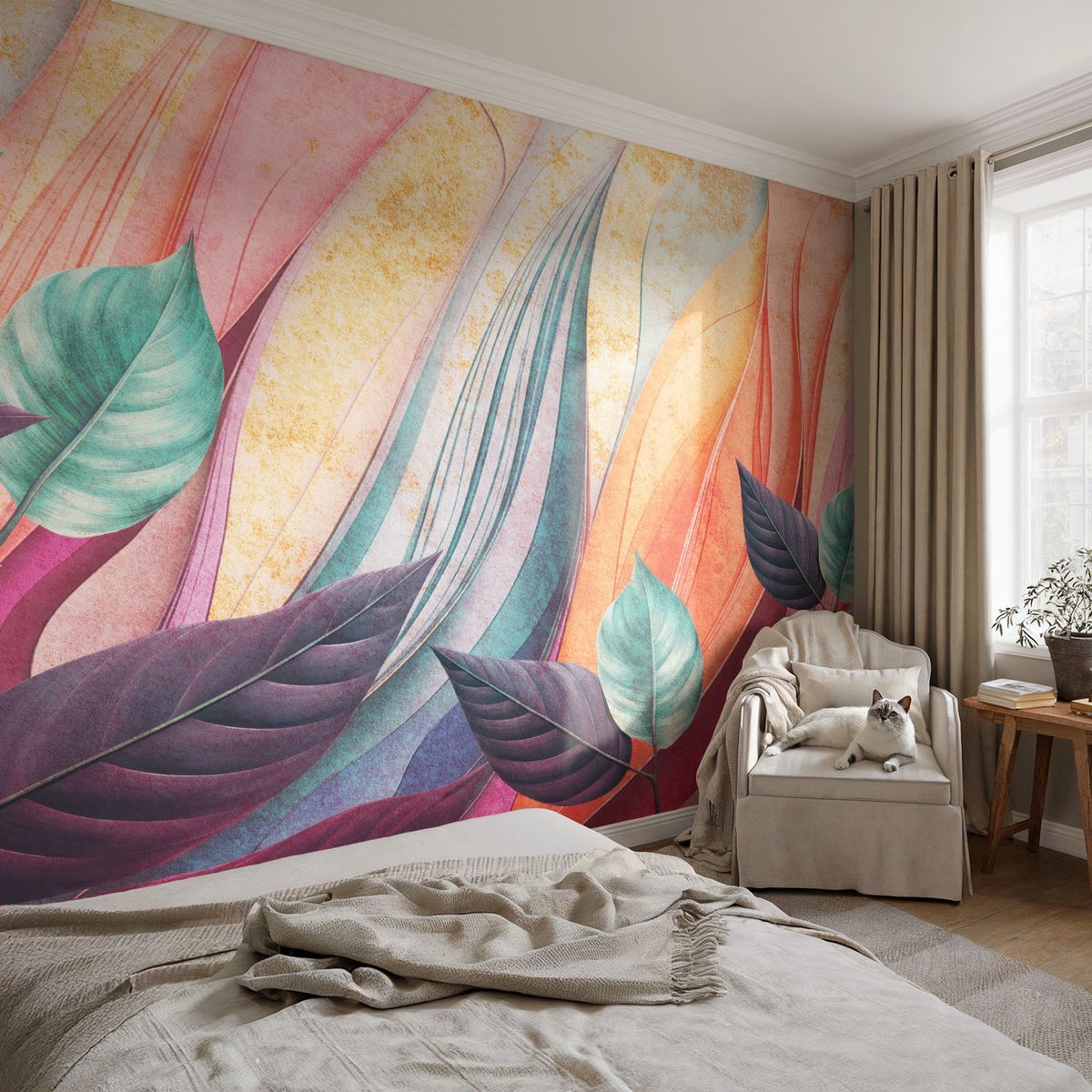 Coloray Vliesbehang - Paars Snellijm Behang - 104x70 cm - Abstracte Bladeren Fotobehang Vlies - Woonkamer behang Bloemen En Planten - Muurschildering - Woonkamer behang
