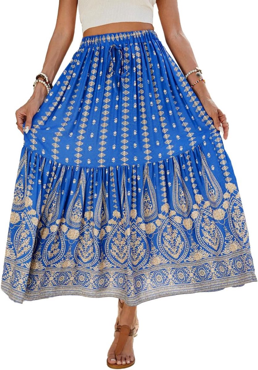 Maxirok voor dames, zomer, bohorok, hoge elastische taille, losse plissé, zoom, lange rok, A-lijn, Boheems, vintage bedrukt, strand, decoratief koord maxi lang vloeiend elegante ruches S-XL