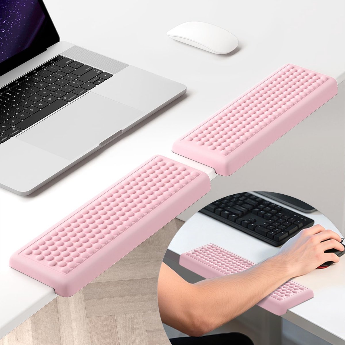 L-vormig bureau-elleboogkussen, 2-delig zacht traagschuim, elleboogsteunvulling met antislip rubberen basis, ergonomisch bureaurandkussen, polssteun, voor kantoor, thuis, werk, gamen, roze