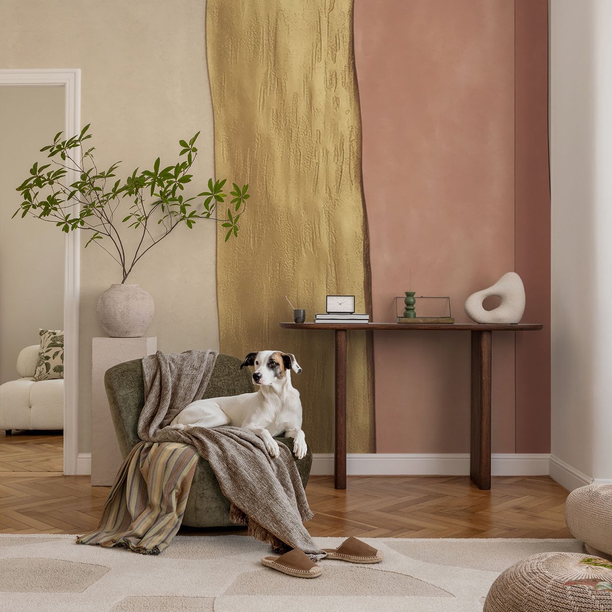 Coloray Vliesbehang - Beige Snellijm Behang - 104x70 cm - Golvende Strepen Fotobehang Vlies - Woonkamer behang Texturen - Muurschildering - Woonkamer behang