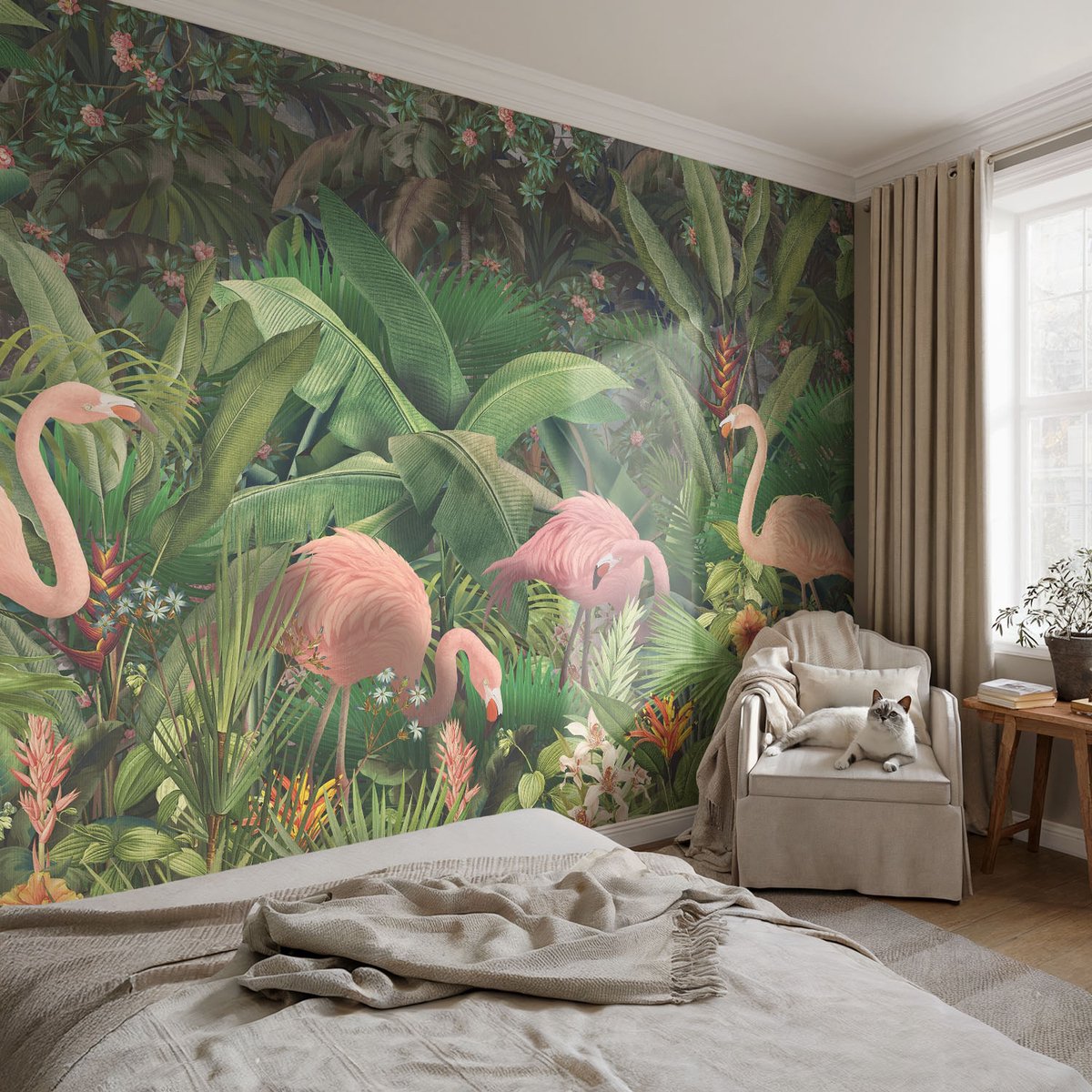 Coloray Vliesbehang - Groente Snellijm Behang - 104x70 cm - Roze Flamingo'S Fotobehang Vlies - Woonkamer behang Bloemen En Planten - Muurschildering - Hal behang