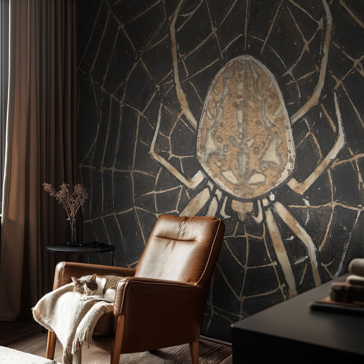 Coloray Vliesbehang - Zwart Snellijm Behang - 104x70 cm - Spinnenweb Fotobehang Vlies - Woonkamer behang Dieren - Muurschildering - Woonkamer behang
