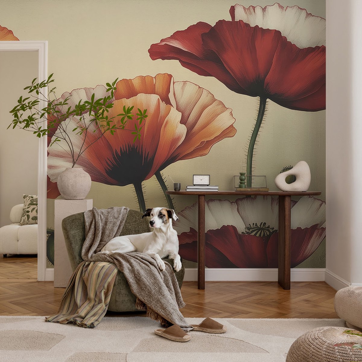 Coloray Vliesbehang - Oranje Snellijm Behang - 104x70 cm - Vrolijke Klaprozen Muurschildering - Slaapkamer behang Bloemen En Planten - Fotobehang Vlies - Slaapkamer behang