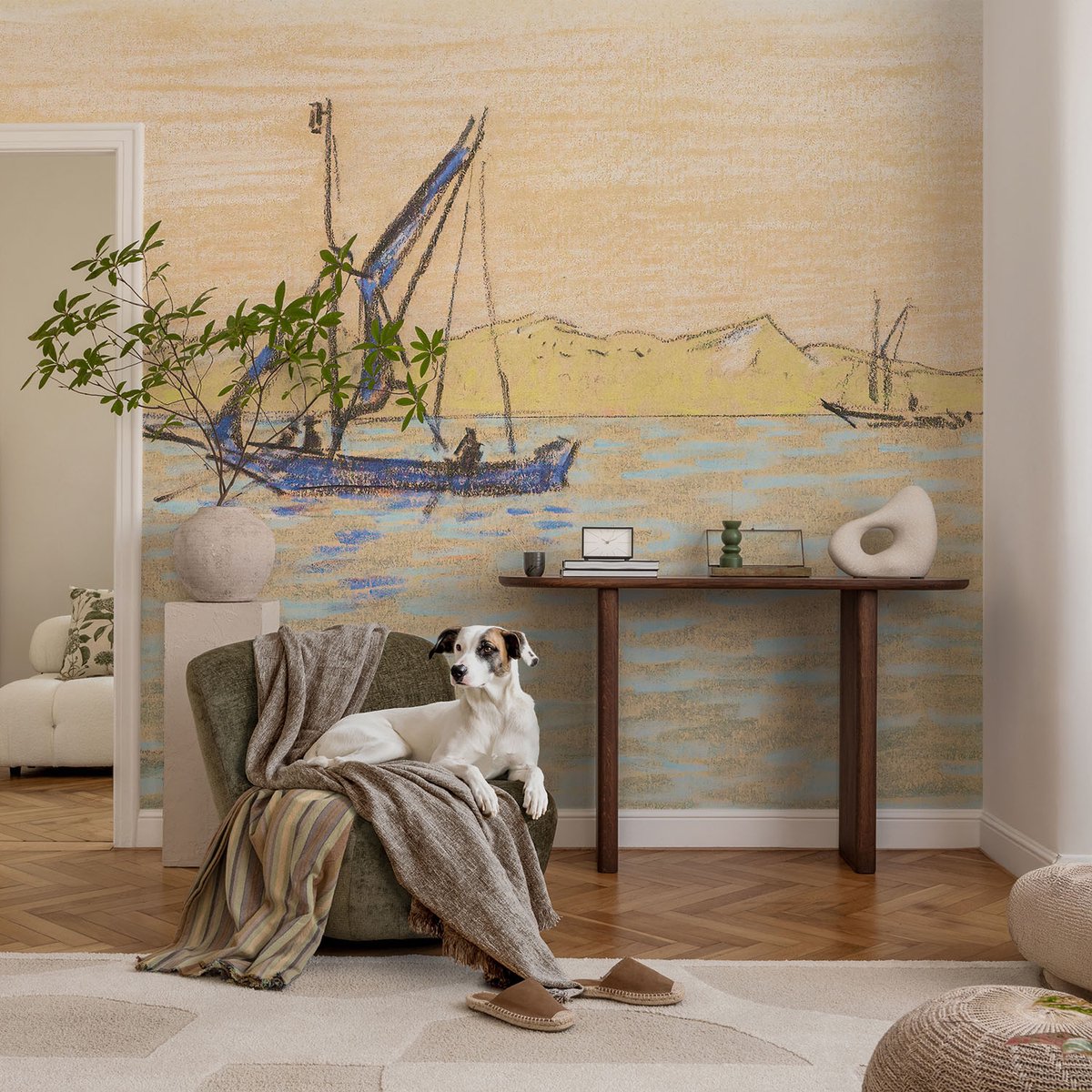 Coloray Vliesbehang - Beige Snellijm Behang - 104x70 cm - Zee Van Vrede Muurschildering - Gang behang Landschappen - Fotobehang Vlies - Slaapkamer behang