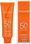 Lancaster Sun Beauty Face Cream SPF50 tube en doosje, beide oranje met witte en rode tekst.