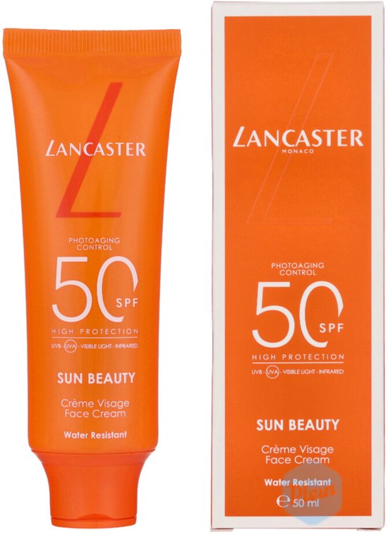 Lancaster Sun Beauty Face Cream SPF50 tube en doosje, beide oranje met witte en rode tekst.