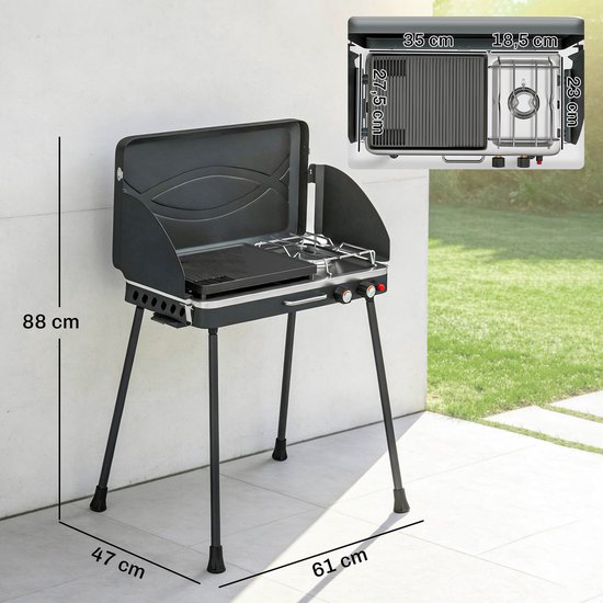 Draagbare gasgrill - 2 branders - 7 kW - 2 - in - 1 tafelgrill met braadfunctie - inklapbare poten - grillrooster - windscherm - deksel en vergrendelingsmechanisme. — afbeelding 5