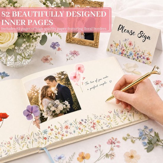 Gastenboek bruiloft wilde bloemen borduurwerk fotoalbum stof met stickers — afbeelding 4