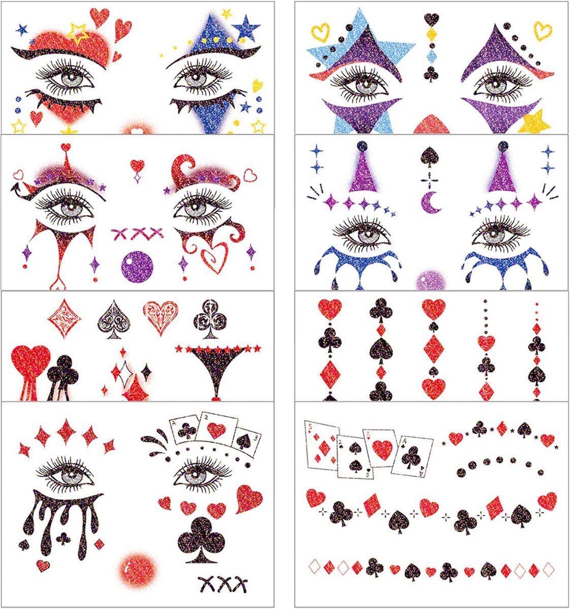 8 vellen tatoeages Halloween, clown tatoeages, ephemere gezicht