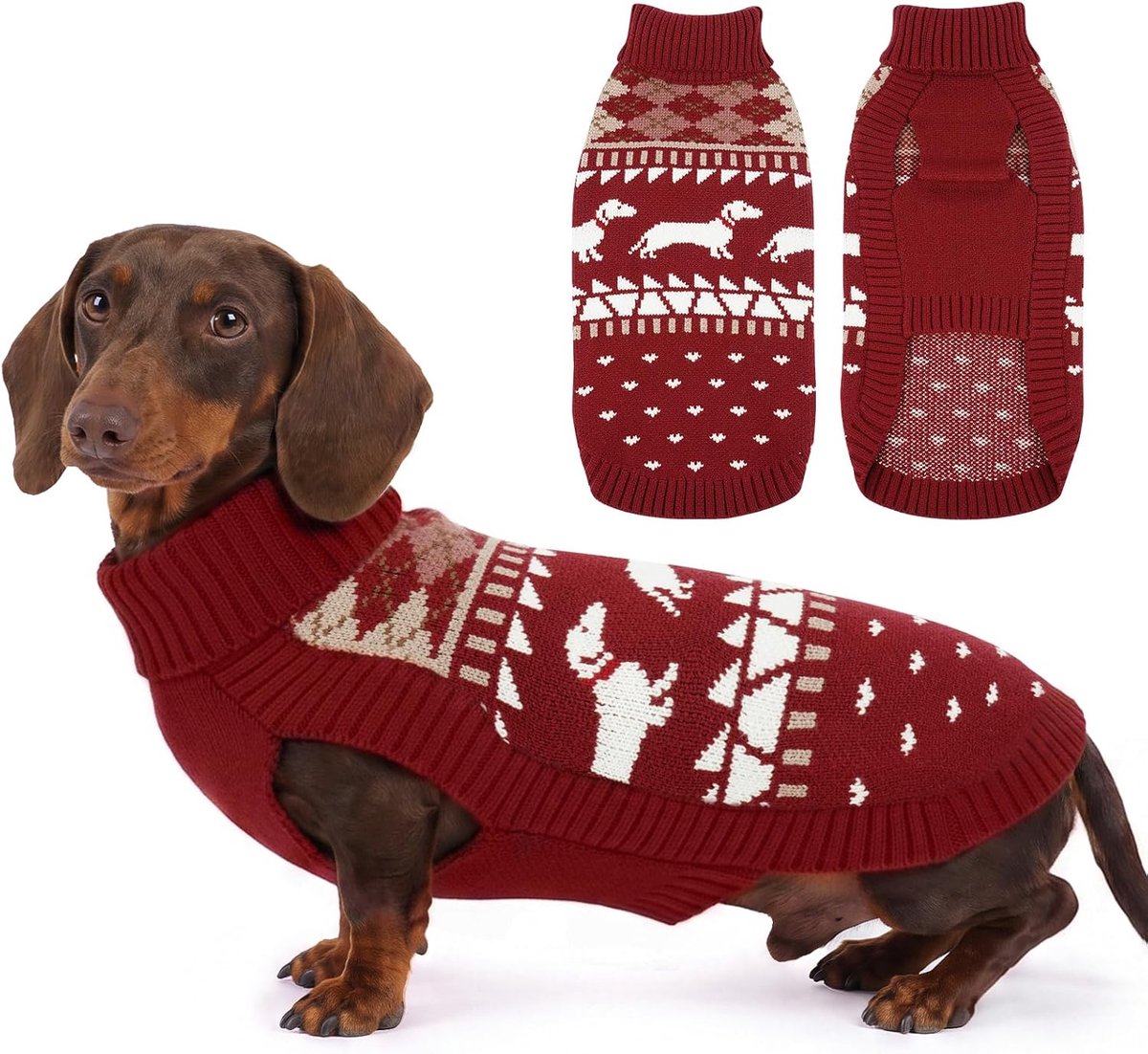 Trui S, schattige hondentrui met teckelpatroon, zachte fleece hondenjas, coltrui voor kleine honden, knus herfst/wintercadeau, wijnrood