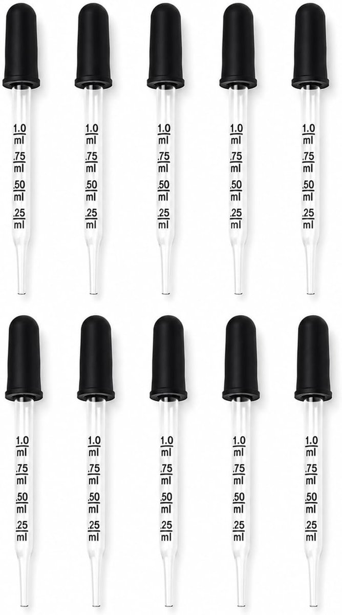 Druppelpipet, recht, 10 stuks, 1 ml, transparant, van glas met siliconen deksel, dosering voor planten, huisdieren, oliën en laboratorium