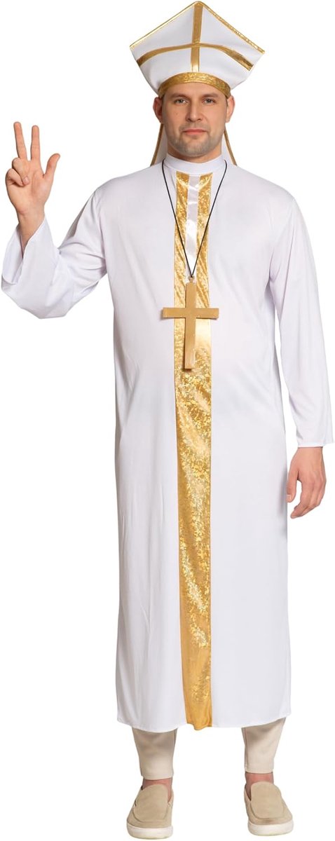 Priester Kostuum Verkleedkleding voor Heren Carnavalskleding Halloween Paus Compleet Kostuum Bisschop Monnik voor Heren Wit/Goud One Size 3-Delig Gewaad/Mijter & Kruis