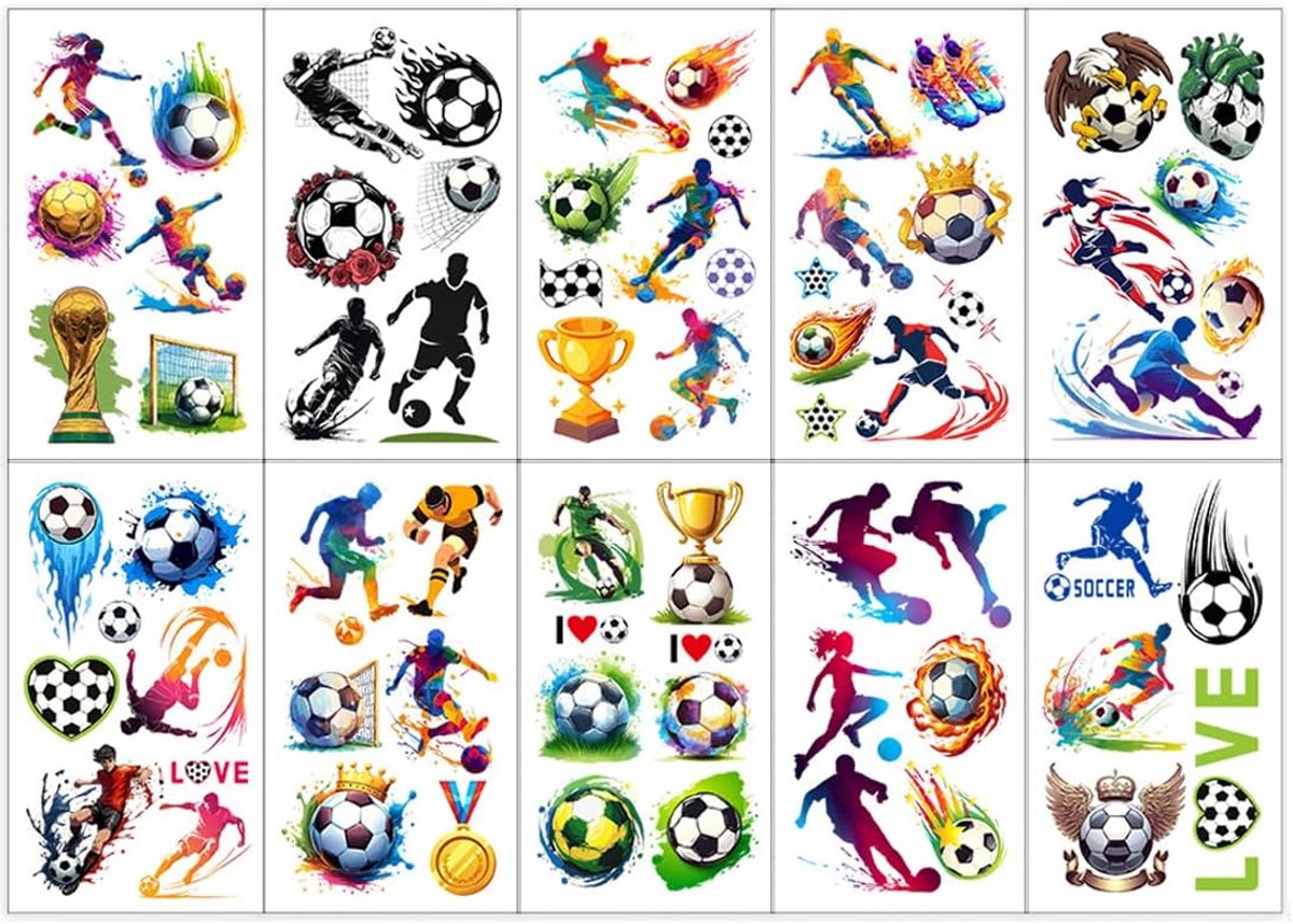10 vellen voetbaltatoeages, huidvriendelijke tijdelijke tatoeagestickers voor voetbalfans, ideaal als cadeautje voor kinderverjaardag en voetbalfeestdecoratie, geldt voor het