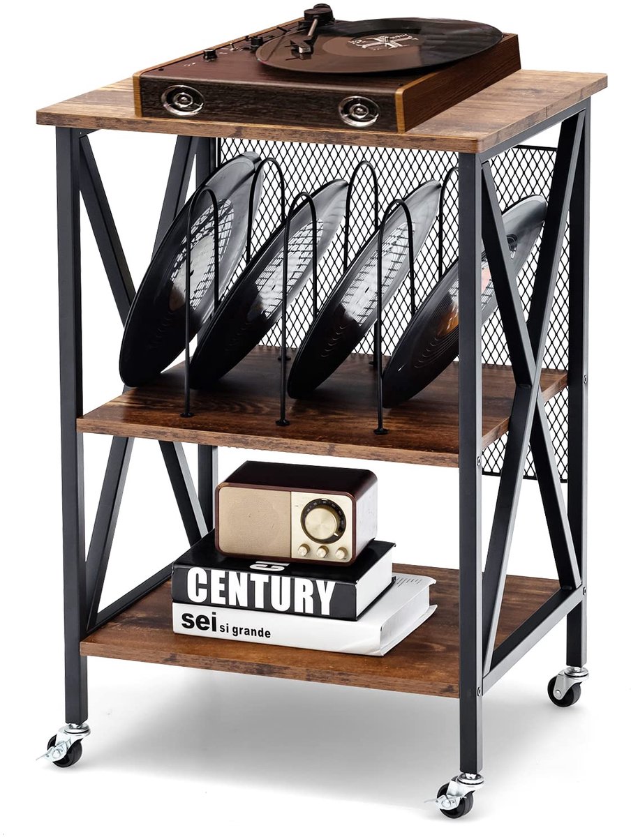 COSTWAY Platenspeler Standaard Met Stalen Frame en Vergrendelbare Wielen voor Woonkamer, Slaapkamer, 3-Laags Platenspeler Standaard, Rustiek vinyl Platenrek met 3 Verdelingen