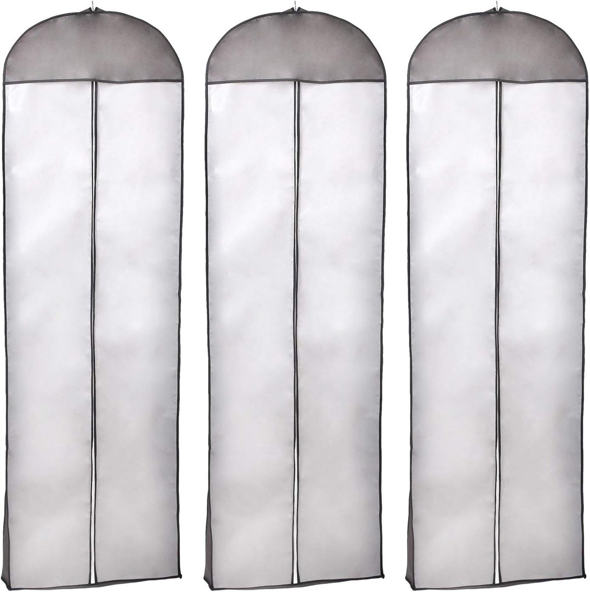 [3 Stuks] 180 cm Kledinghoes Ademende met Lange Ritssluiting, Elegante Ademende Kledingzak Kledingrek Voor Kleding Bruiloftsjurken Avondjurken Pakken Lange Kleding, Wit + Zwart frame, KXB1005-black-3x