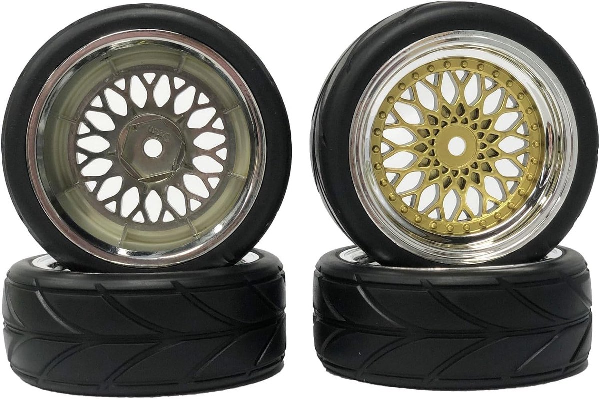 Wielen Set, KINGCOO 4-delige 64mm rubberen banden met kunststof coating, wiel 12mm hex voor 1/10 RC On-Road Run-Flating Touring Racing Auto (Goud Zilver)
