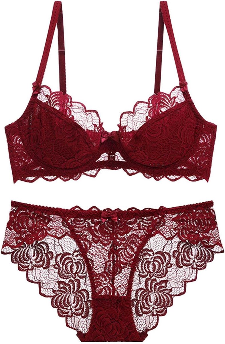 Beha-set van sexy kant voor dames, comfortabele en ademende beha-set, Rood, 34 NL