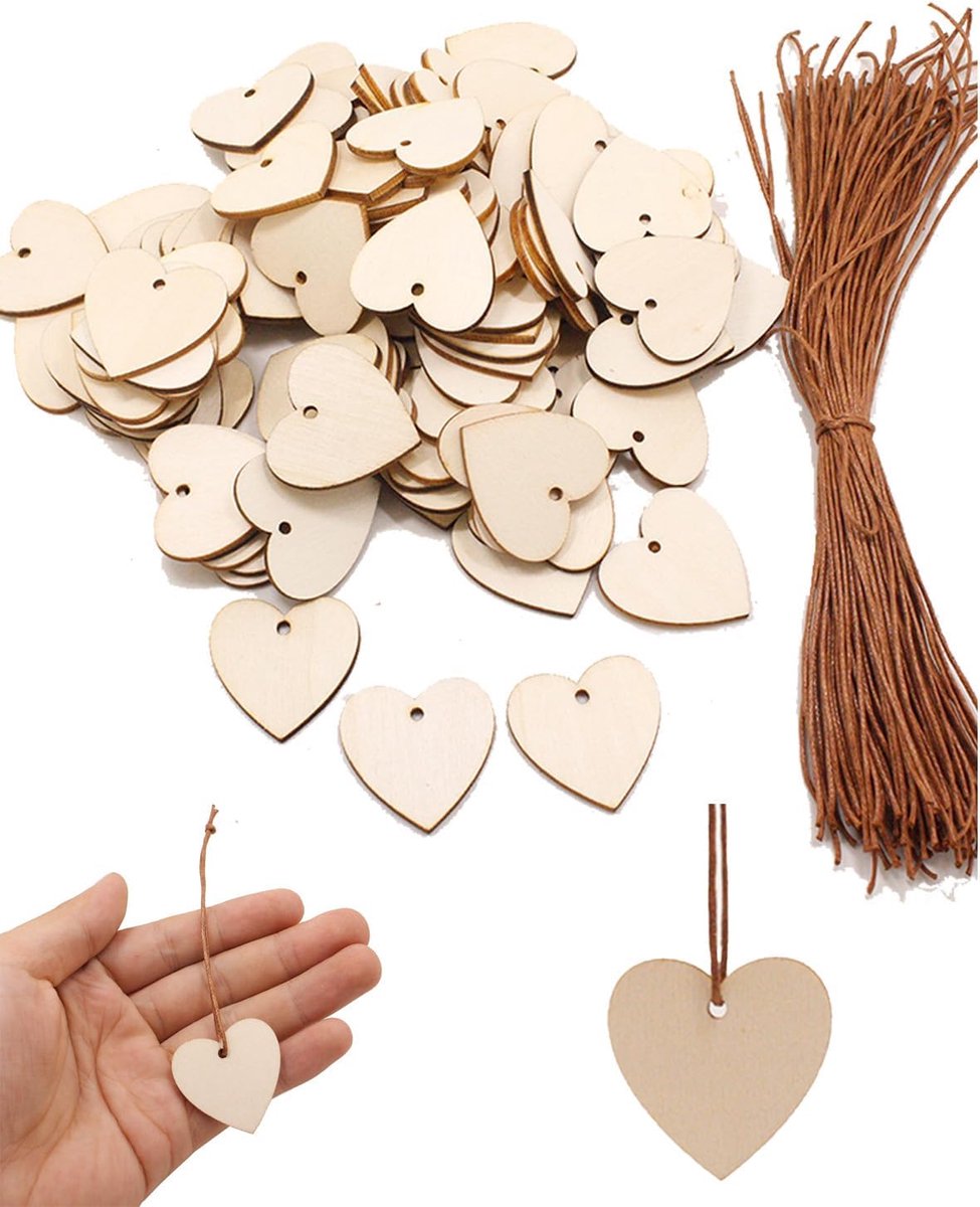 100 stuks houten hartjes, voorgeboord met koord voor het beschrijven van geschenken, ongelakte schijven voor knutselwerk en creatieve feestelijke decoratie
