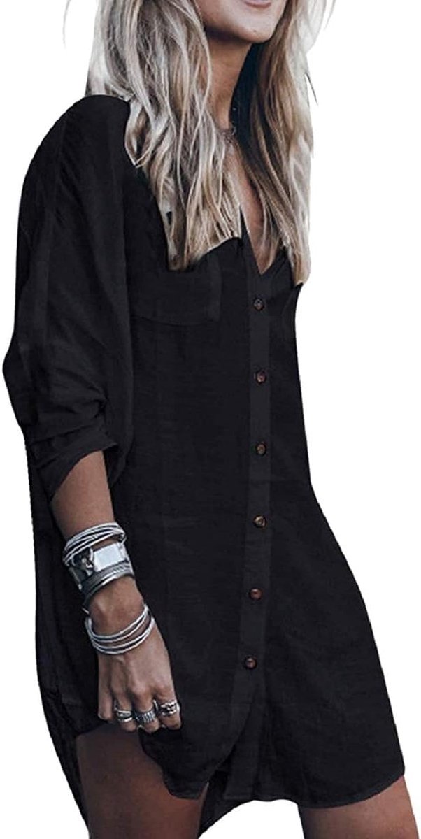 Strandjurk voor dames, bikini-cover-up, strandponcho, zomer, badmode, strand, bedekking, shirt, dames, geborduurde halve lange mouwen, bikini cover-up mini-strandjurk