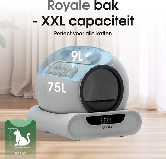 Royale bak met XXL capaciteit, perfect voor alle katten. 9L en 75L volumes zijn zichtbaar.