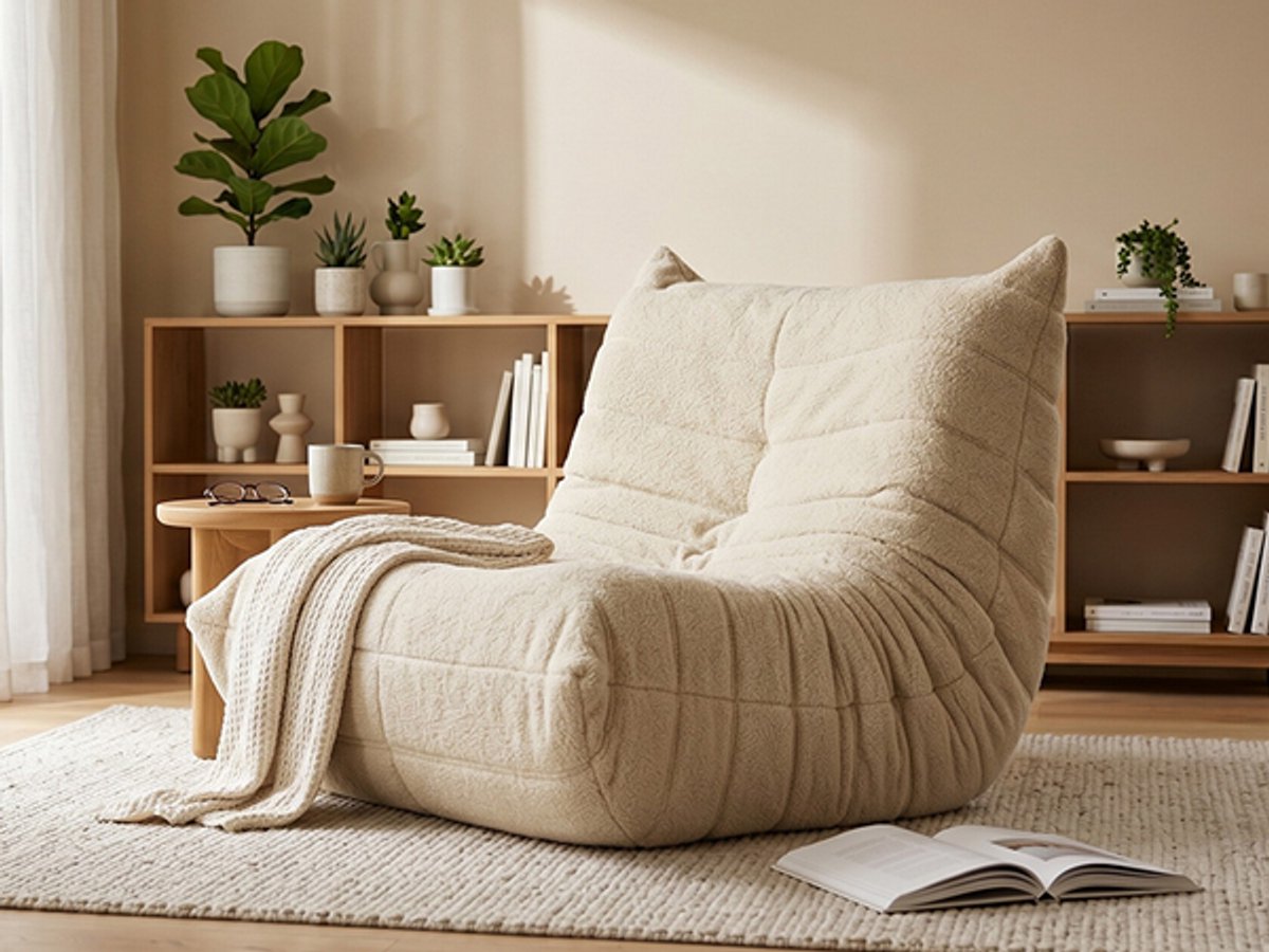 Beige bean bag sofa met pluche bekleding en hoogwaardig schuim, frameloos en licht te verplaatsen, 105 x 88 x 80 cm