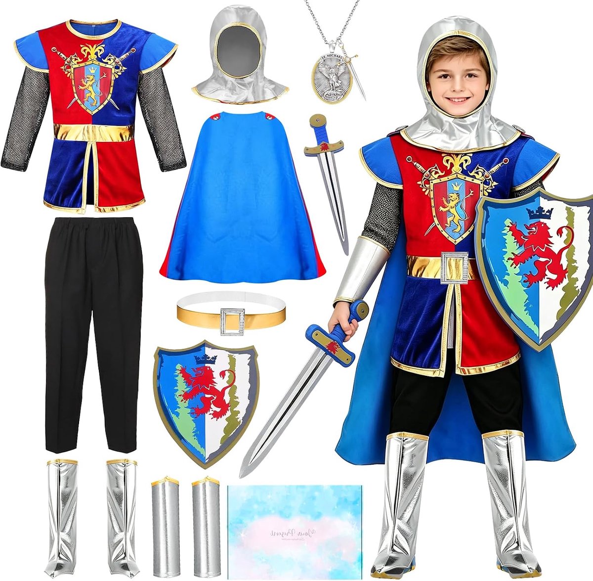Ridderkostuum voor kinderen, riddercarnavalskostuum met ridderhelm, cape, schuimrubberen zwaard en schild, cadeau voor jongens voor Halloween, carnaval, cosplay en feestjes