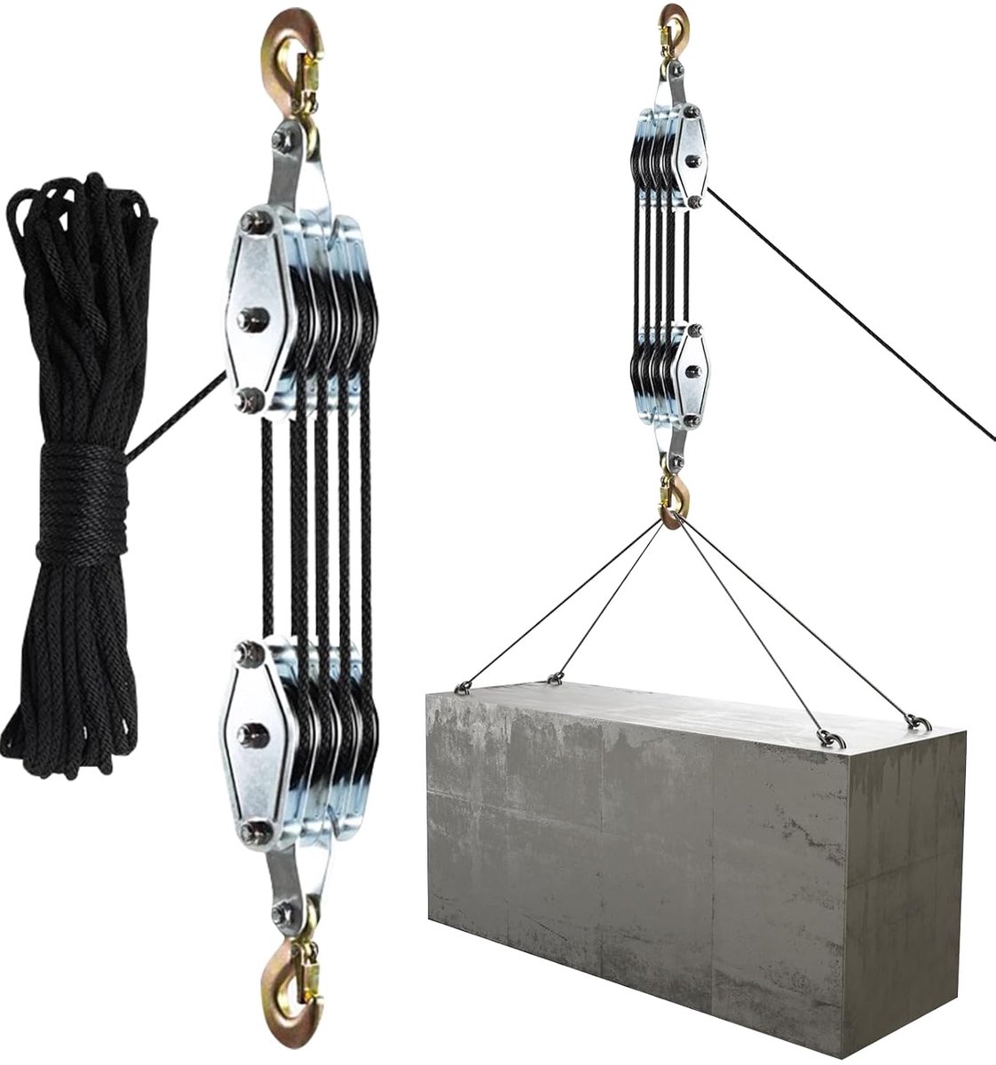 Takel met touwrem, 8:1 hefkracht & 4400 LBS (ca. 1996 kg) breuksterkte, zwaar-last katrolsysteem met metalen lagers en 20 m touw voor garage, magazijn, bouw, jacht en outdoor heffen