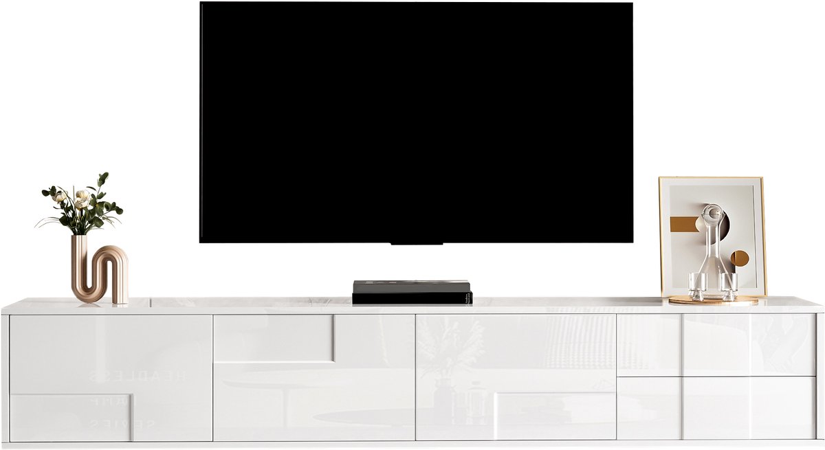 TV Meubel 170 cm Wit Hoogglans, TV Kast met 3 Deuren en 2 Laden, Zwevend of Staand TV Dressoir, Greeploos Design, Ruime Opbergruimte voor Woonkamer