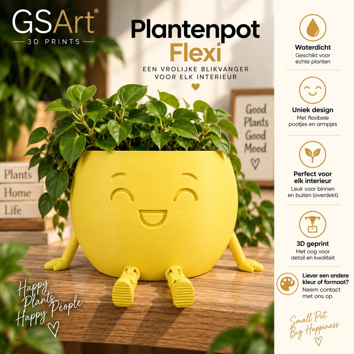 GSArt Plantenpot Flexi – Waterdichte 3D Geprinte Bloempot met Flexibele Benen - Mat Geel