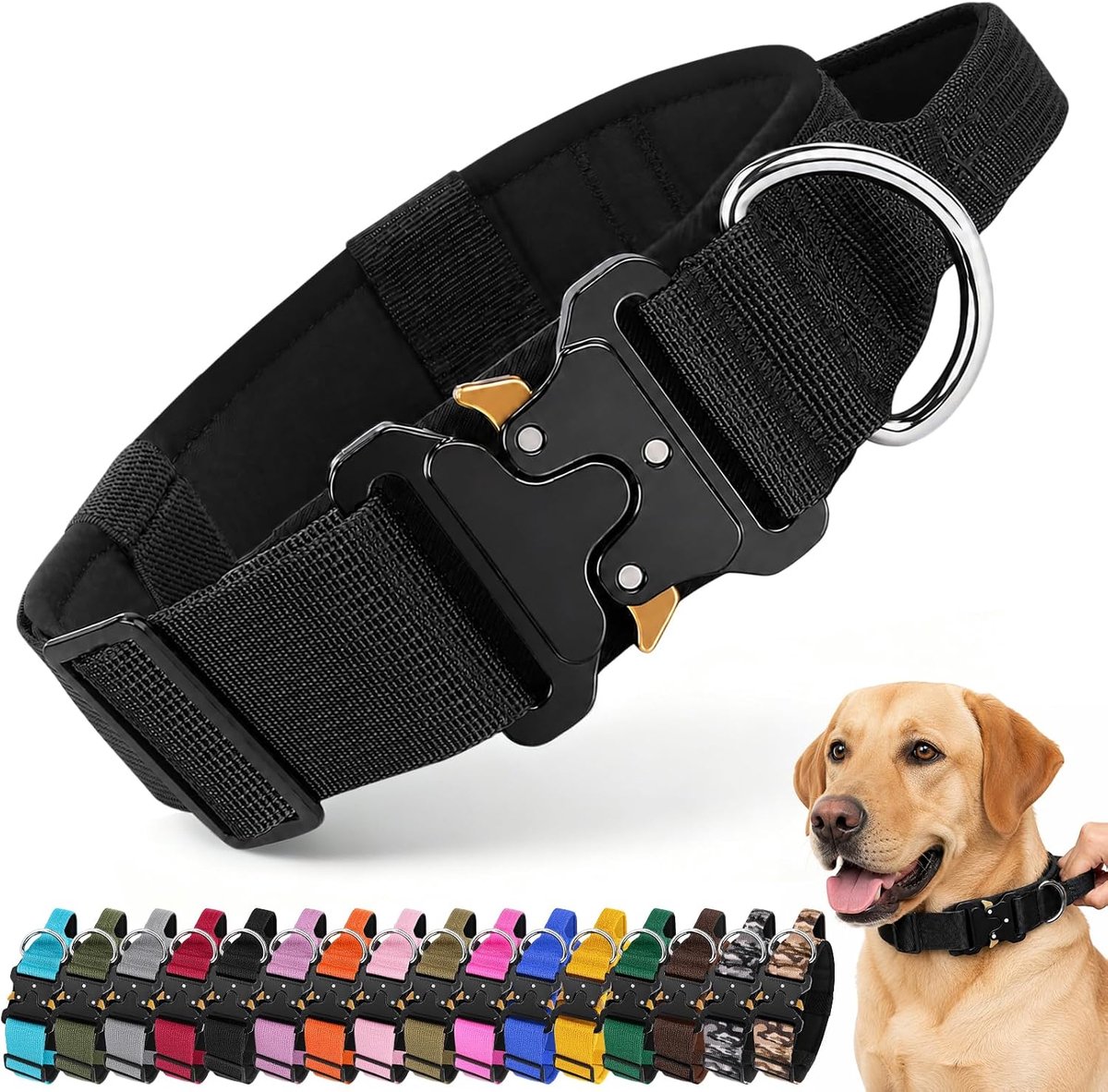 hondenhalsband, verstelbare militaire trainingshondhalsband met handgreep en robuuste metalen gesp, zacht gevoerde brede nylon halsband voor middelgrote en grote honden, voor buiten (zwart