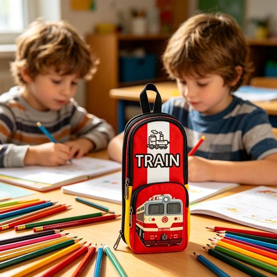 rood, geel, grote capaciteit, creatieve trein vorm, pennenzak, studenten draagbare schrijfwaren, opbergtas, multifunctionele etui voor kinderen, geschenken, opening van de schooltijd — afbeelding 4