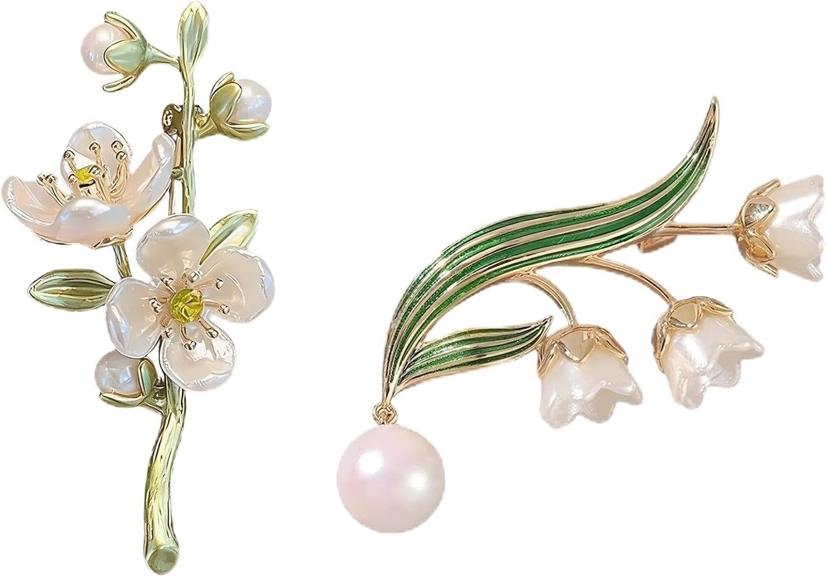 broche set voor dames, 2 stuks met kunstparels en legering, elegante bloemenspeld voor jurk, blouse, sjaal, jas en tas, sieraccessoire voor feest, diner en cadeau