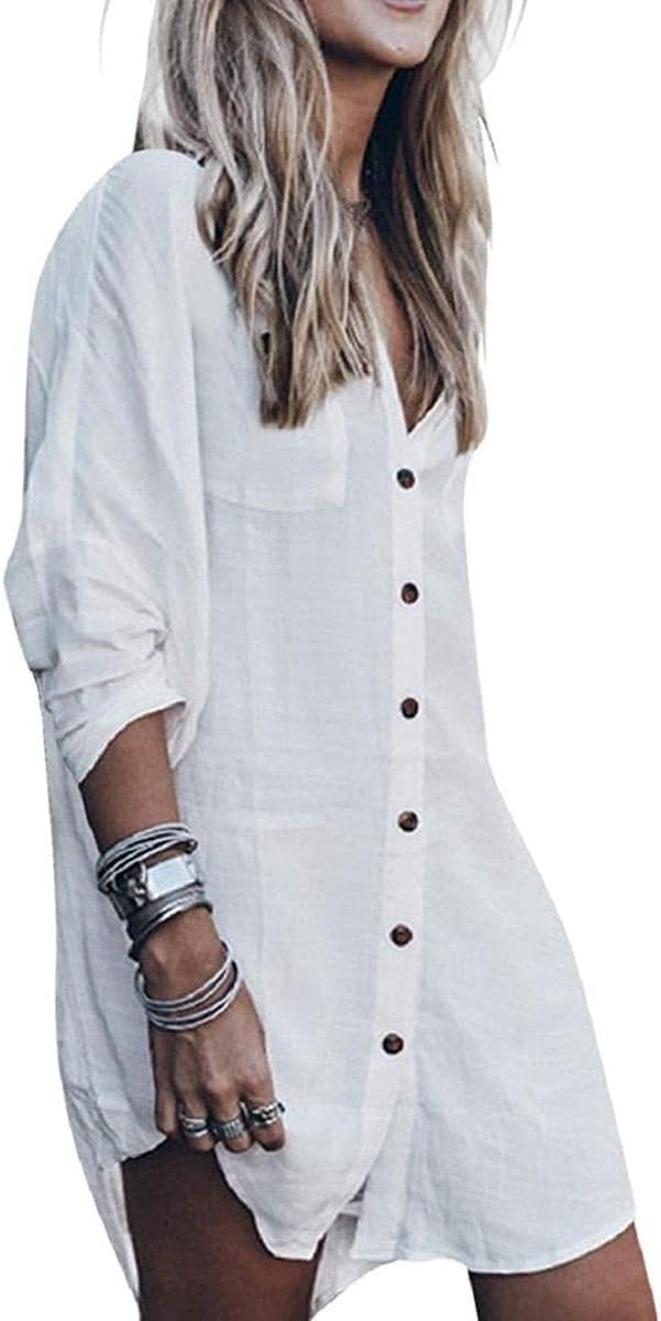 Strandjurk voor dames, bikini-cover-up, strandponcho, zomer, badmode, strand, bedekking, shirt, dames, geborduurde halve lange mouwen, bikini cover-up mini-strandjurk