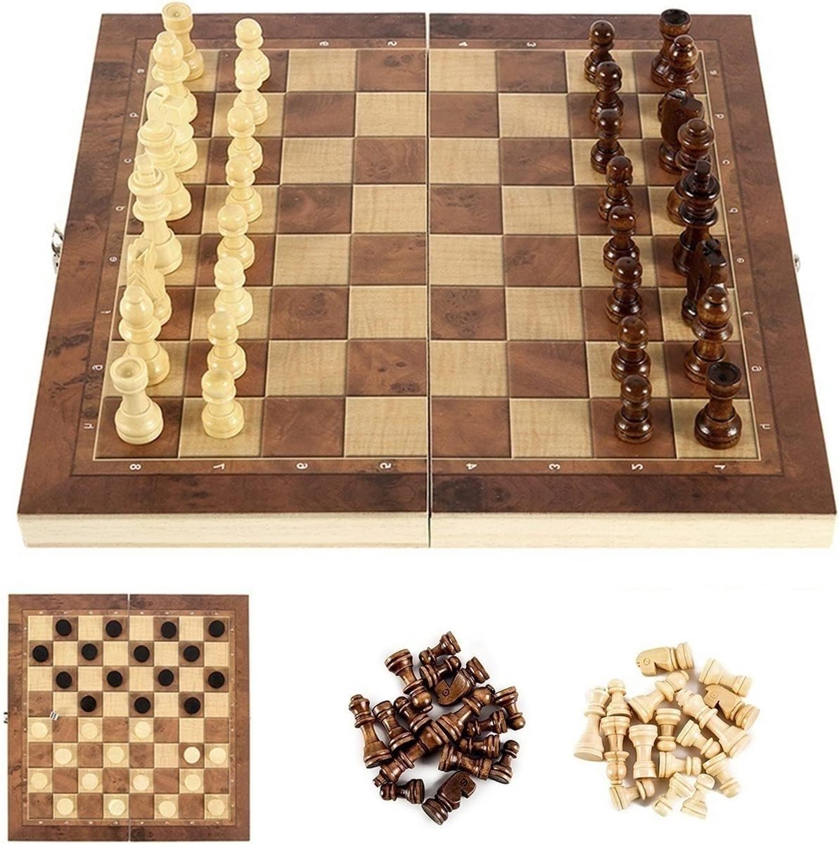 schaakspel van hout, draagbaar schaakspel 3-in-1, geschikt voor kinderen en volwassenen (29 x 29 cm)