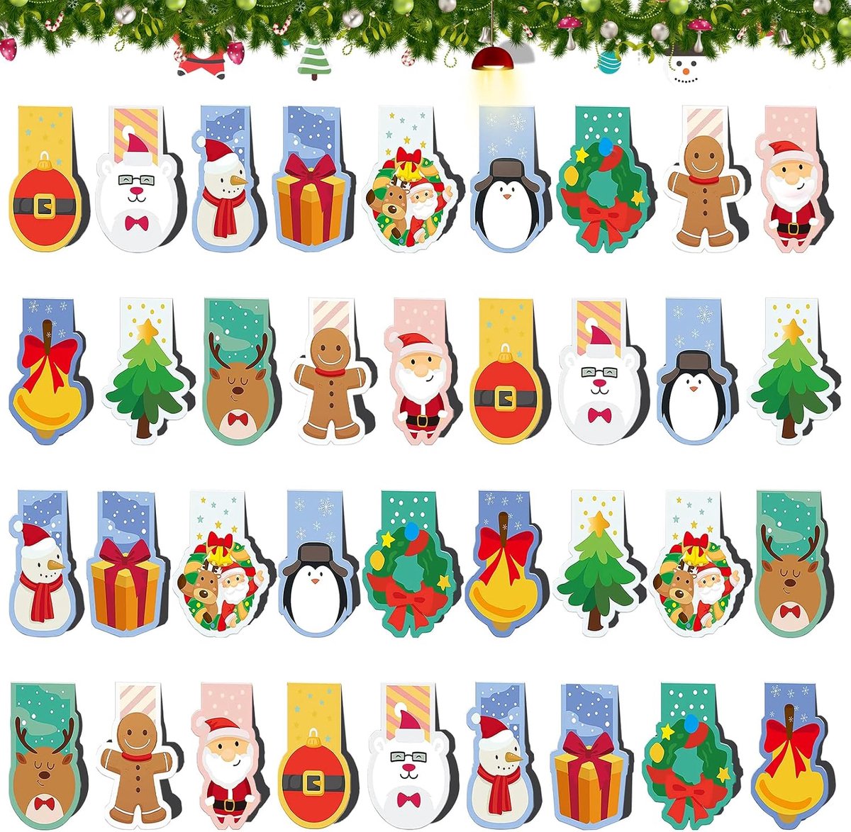 Boekenleggers voor Kerstmis, 36 stuks, kleurrijke schattige boekenleggers, voor kinderen, kerstbladwijzer, sneeuwpop, rendier, magnetische markeringen, geschenken (stijl 1)
