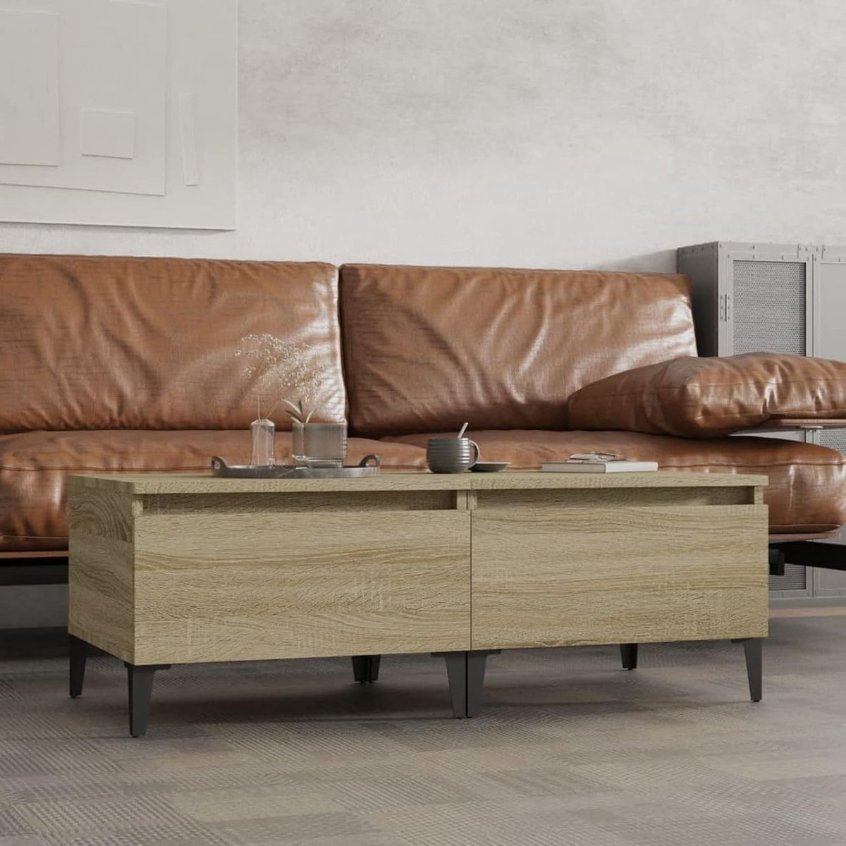 Koffietafel, woonkamer, modern, van spaanplaat en metaal, met schuifladen 50 x 46 x 35 cm, salontafel voor moderne bank, salontafel met laden, 2 stuks