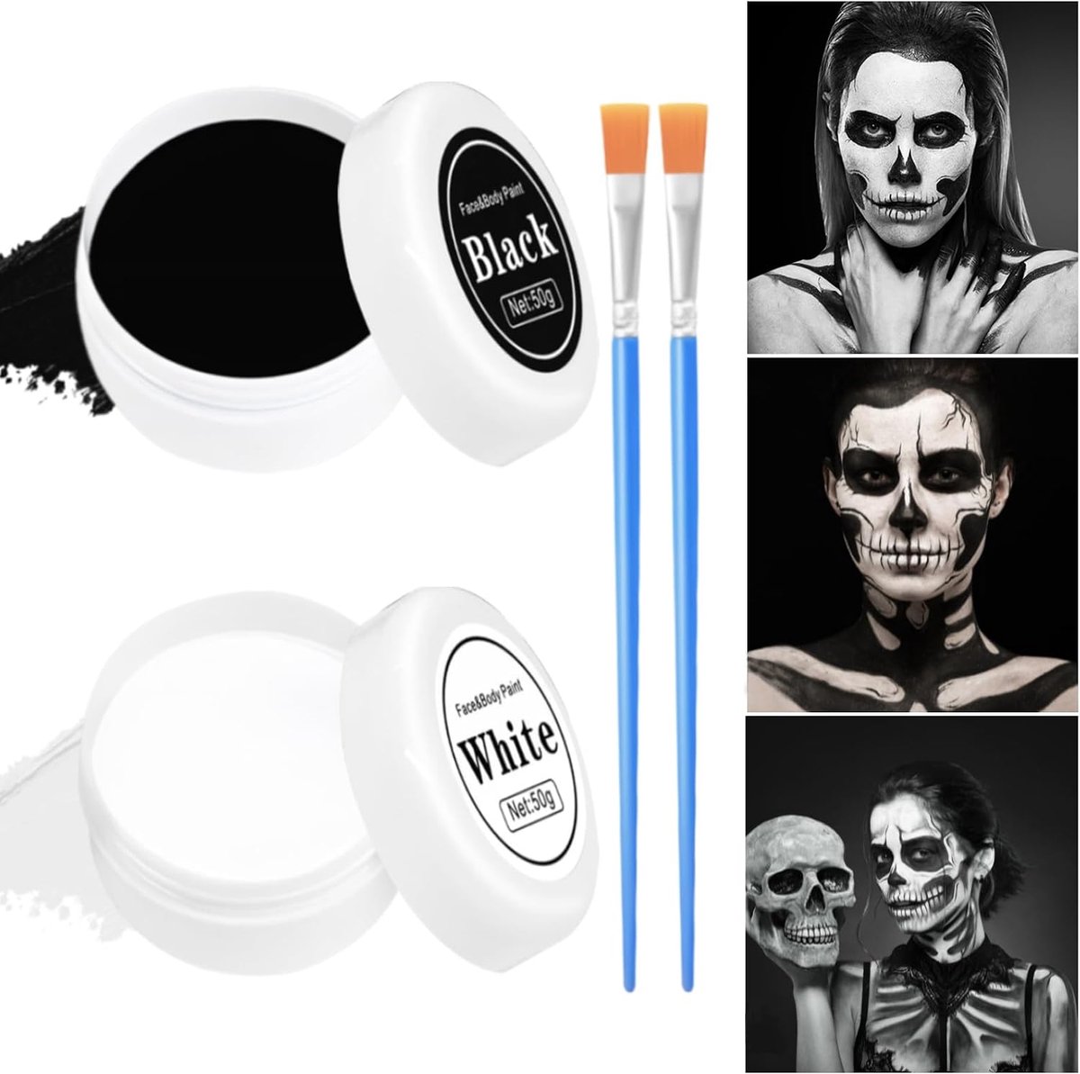 Make-upset, gezichtsverf, zwart-wit, met make-upkwast, Halloween-make-upset, Halloween gezichtsverf, clowns, zombie, vampier, skelet, make-up voor Halloween, carnaval, cosplay