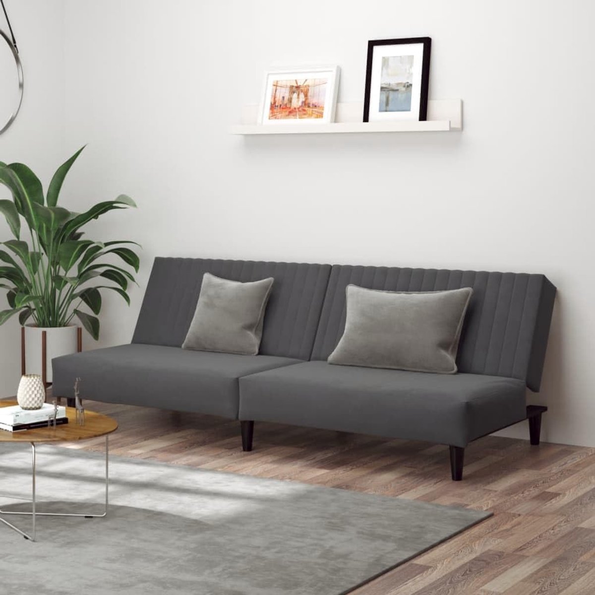 2-zits, donkergrijs, fluweel, bedbank met verstelbare rugleuningen, voor woonkamer en logeerkamer, comfortabele zit- en ligervaring, robuust houten frame,